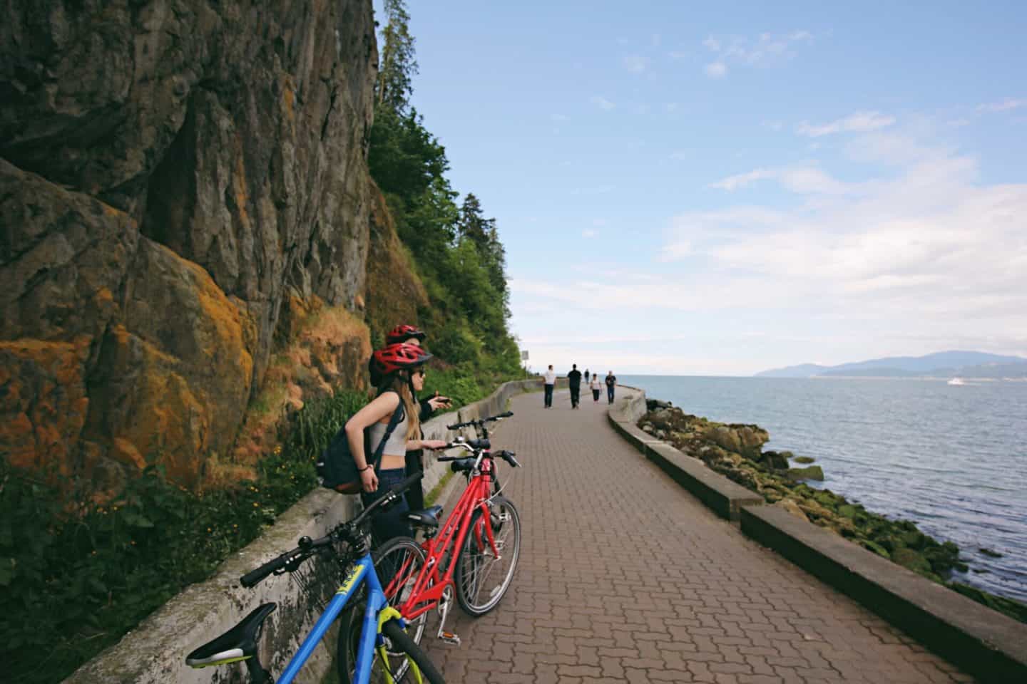 Biking along Stanley Park Seawall in Vancouver, British Columbia