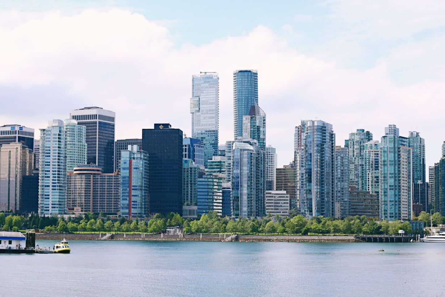 Vancouver skyline view from Stanley Park Seawall in Vancouver, British Columbia