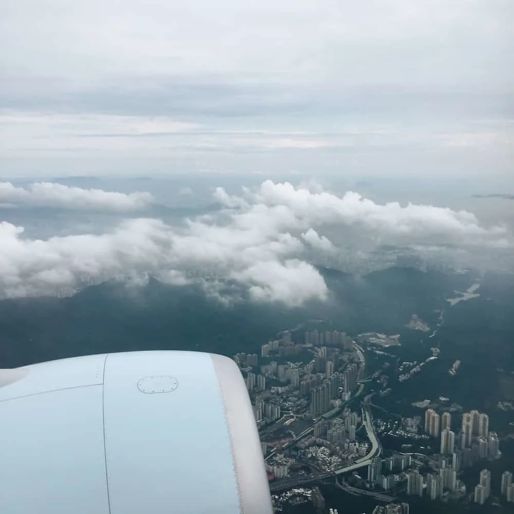 Plane flying over Hong Kong