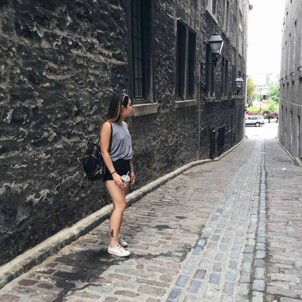 A European-inspired cobblestone alleyway in Old Montreal, Quebec