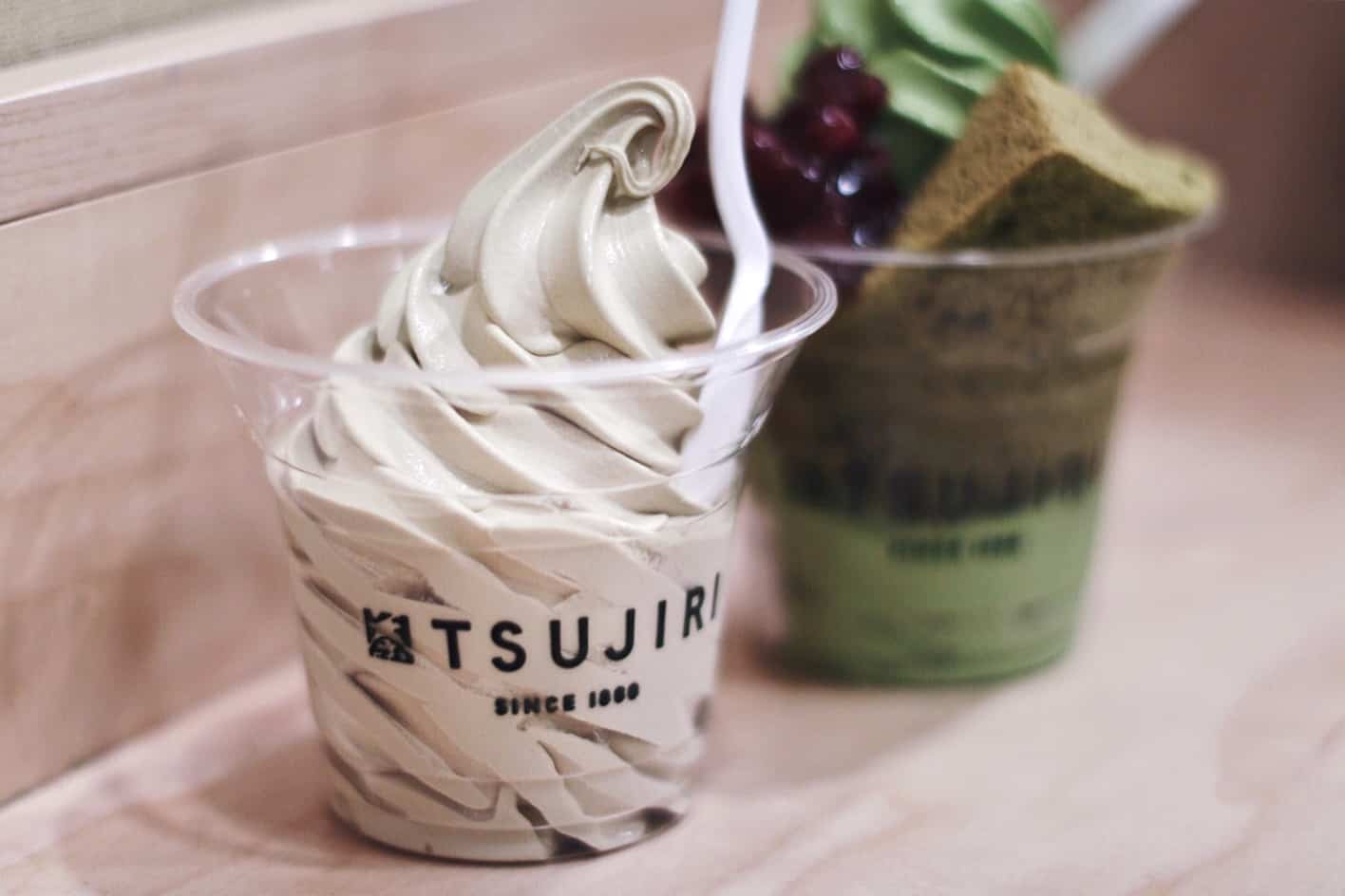 Hojicha and matcha soft serve ice cream at Tsujiri Toronto