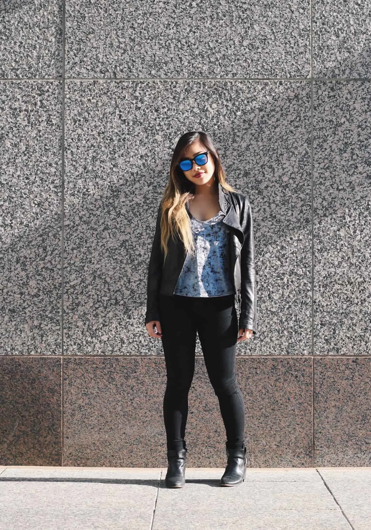 Casual fall outfit featuring black leather jacket and black denim