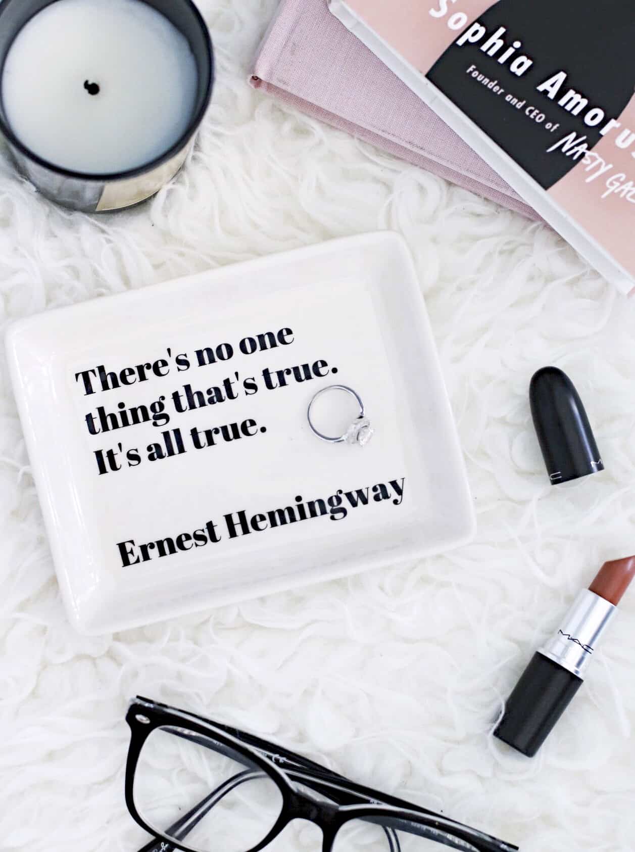 Ernest Hemingway quote flat lay