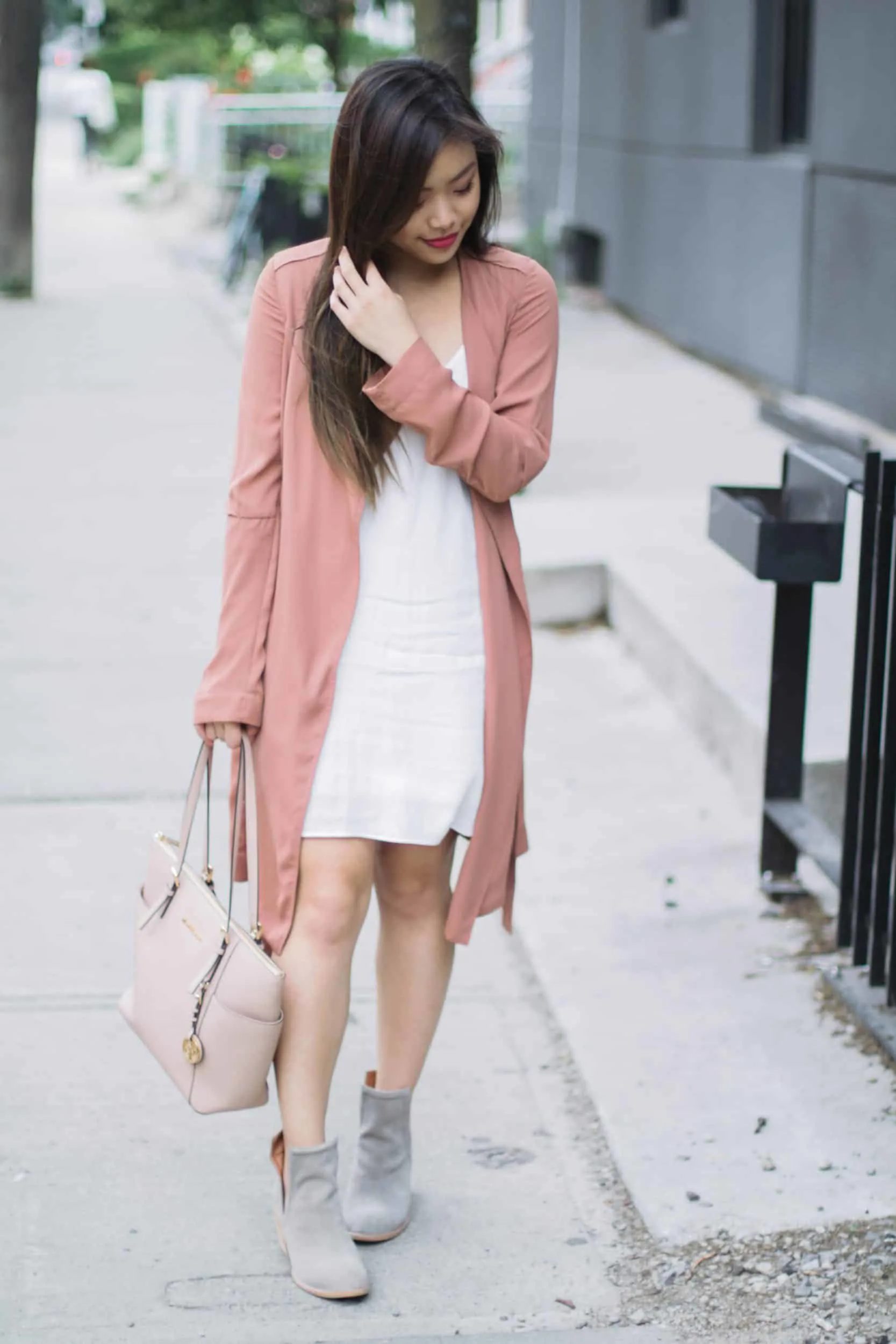 How to style a white slip dress | summer dress with millennial pink duster coat and taupe booties | spring and summer outfit ideas | end of summer outfit inspiration | Diary of a Toronto Girl, a Canadian lifestyle blog