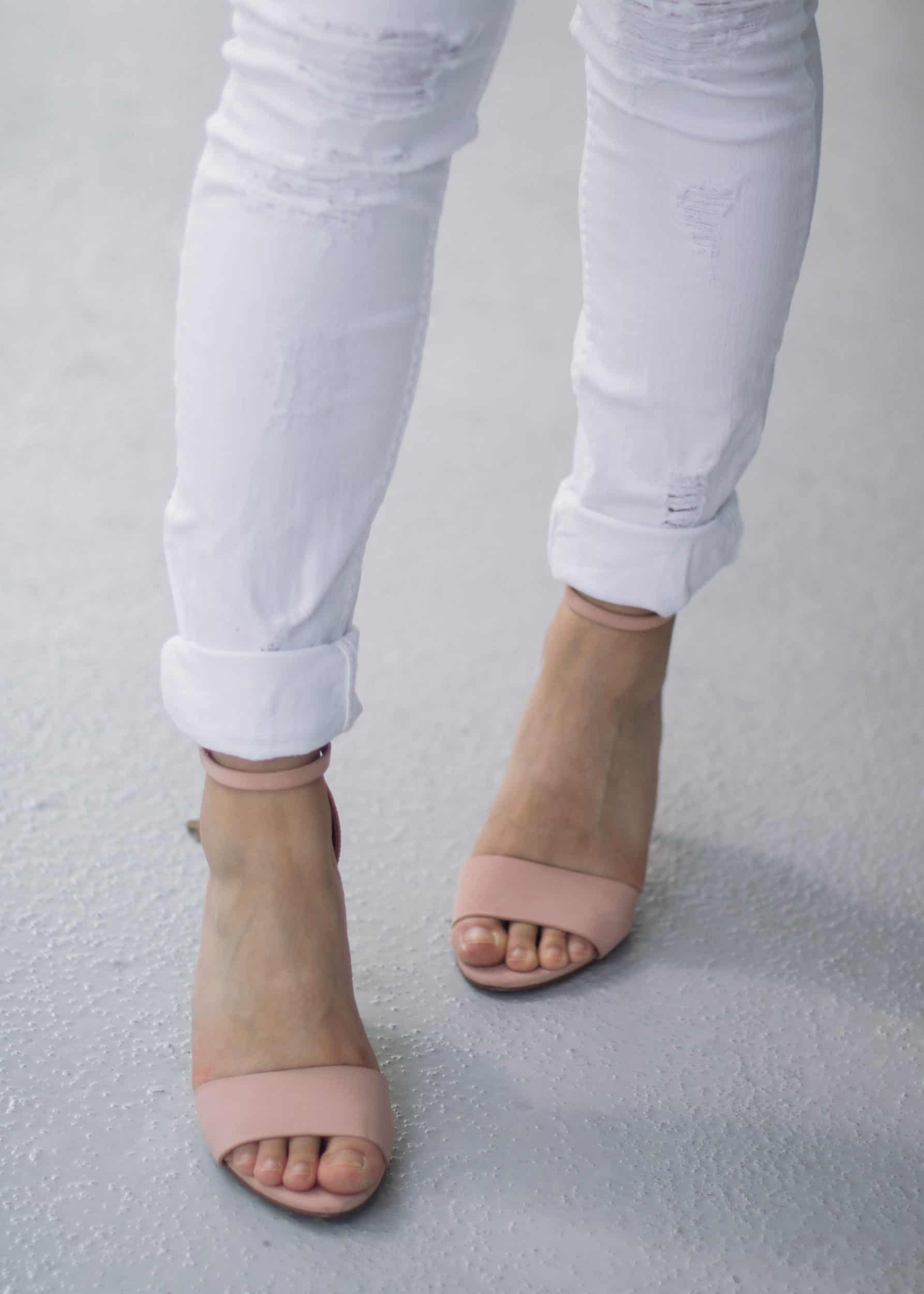 Guess distressed white jeans with Aldo pink heels