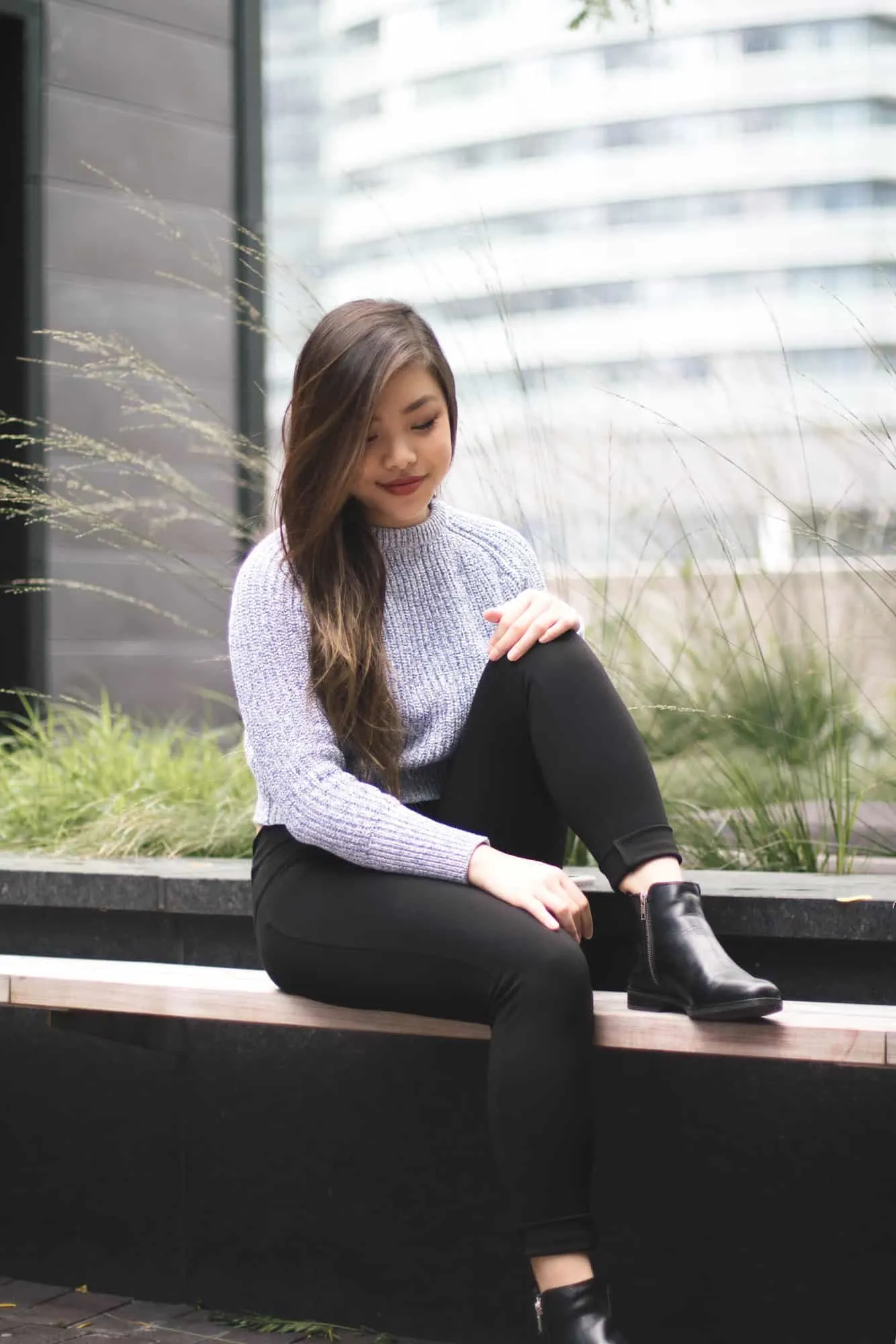 Fall outfit featuring American Apparel blue knit sweater, Tobi lace up black leggings, and Steve Madden leather booties