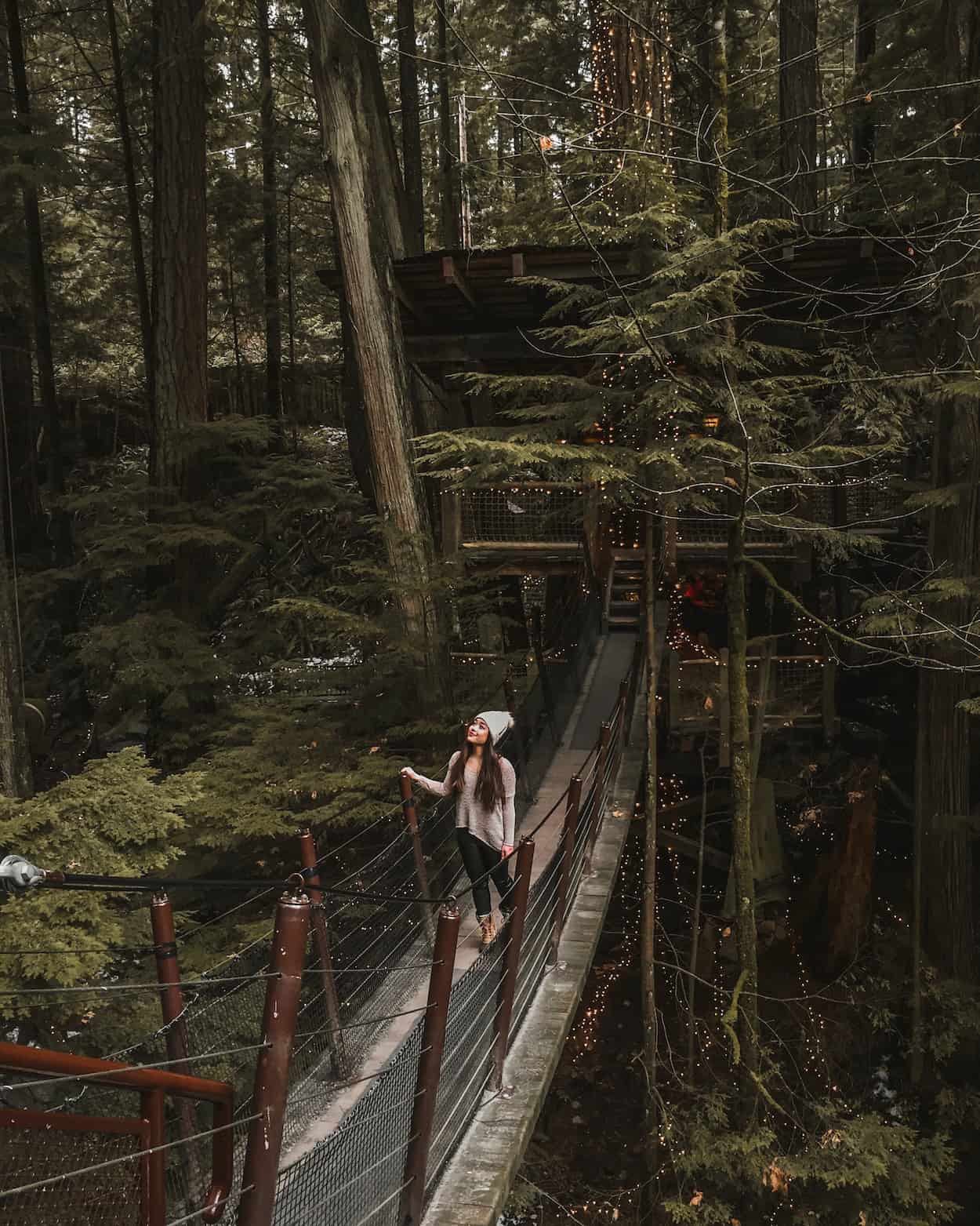 During the holiday and winter season, the Capilano Suspension Bridge in North Vancouver lights up with shimmering lights