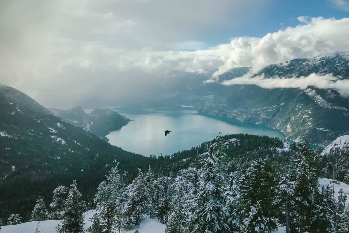 A snowy winter view from the top of the Sea to Sky Gondola in Squamish, British Columbia