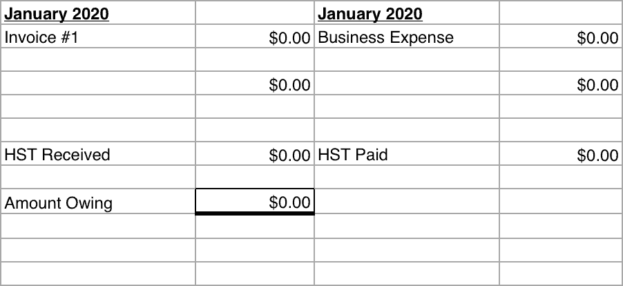 An example of how to record your HST calculations on a spreadsheet.