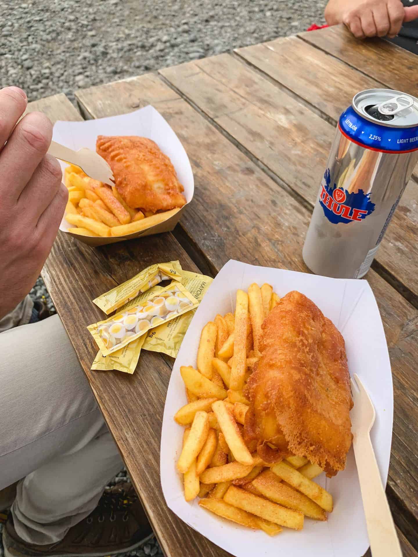 Fish and chips at the Jökulsárlón Glacier Lagoon along the Ring Road in Iceland