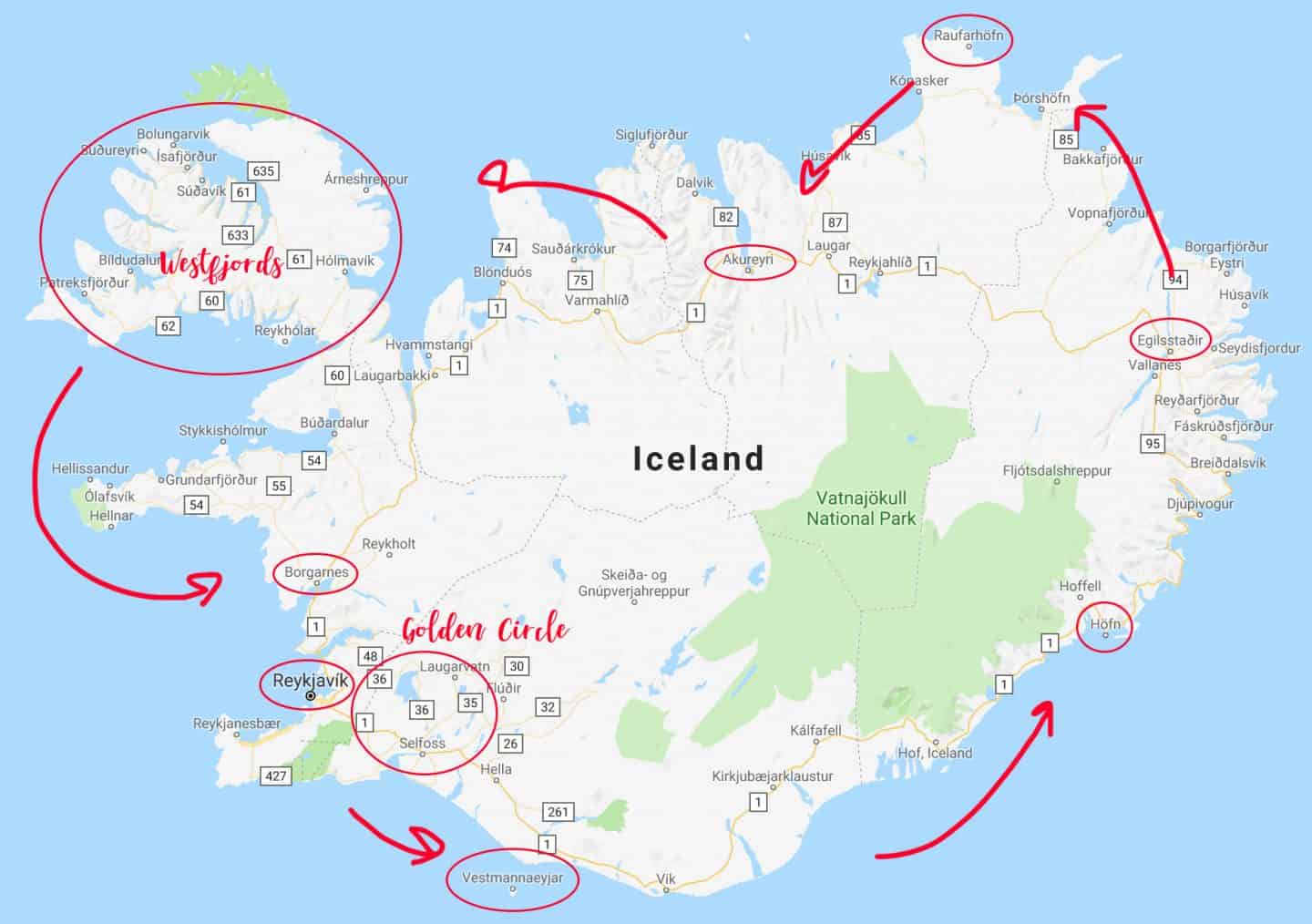 Map of the biggest towns and cities in iceland