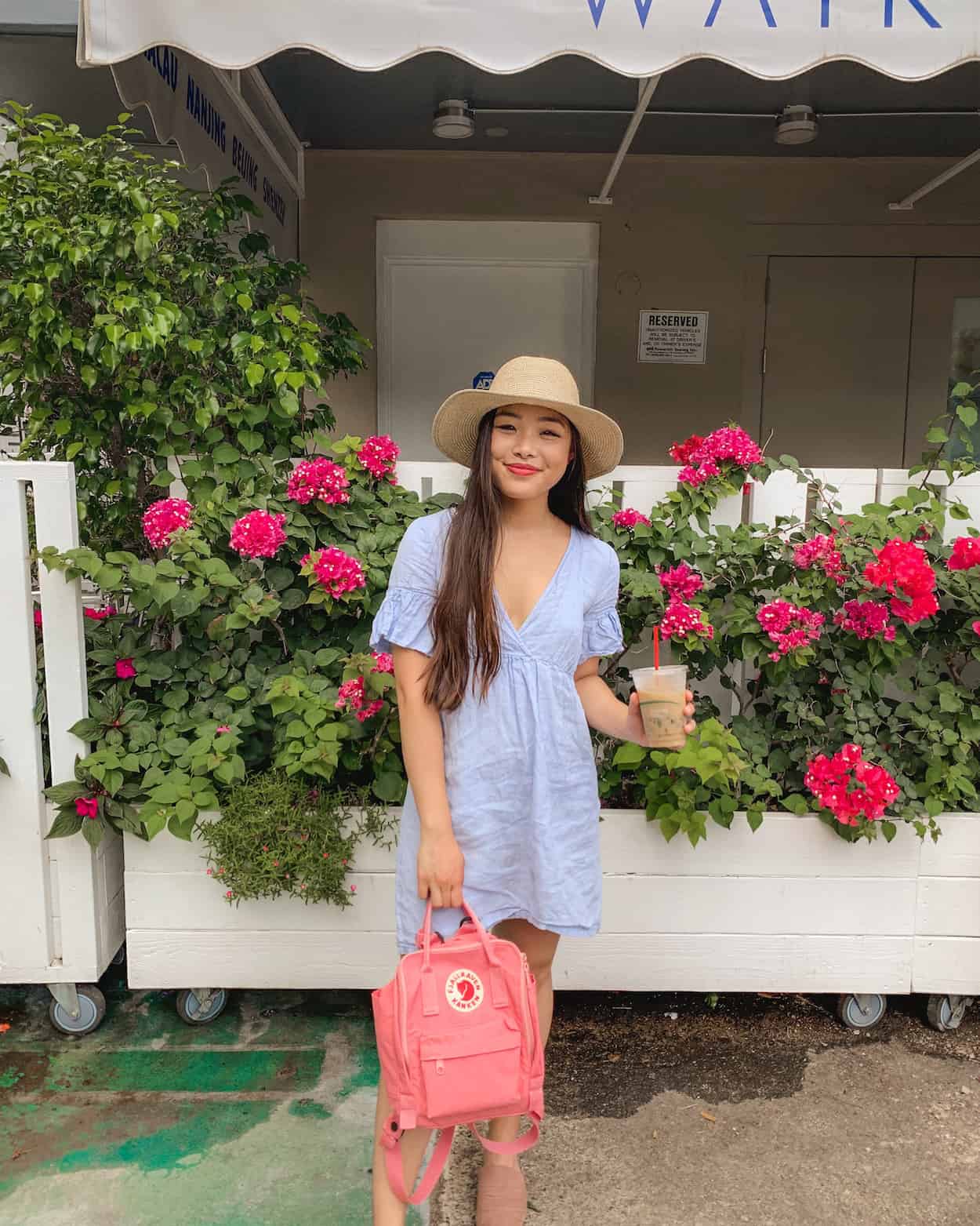 Hawaii outfit - Aritzia straw hat, Zara mini dress, Fjallraven Kanken mini backpack