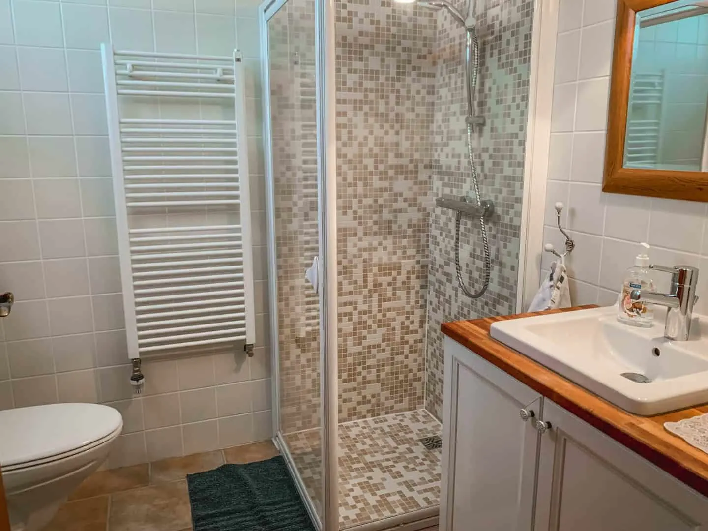 A renovated bathroom inside an Airbnb apartment attached to a home