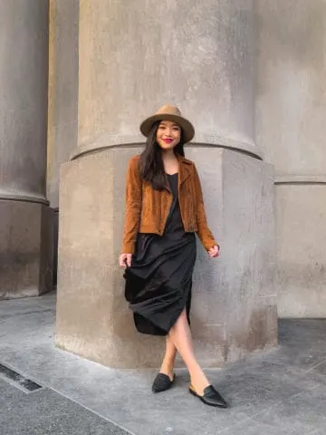 Fall outfit - The Drop slip dress and BLANKNYC suede moto jacket (Toronto Union Station)