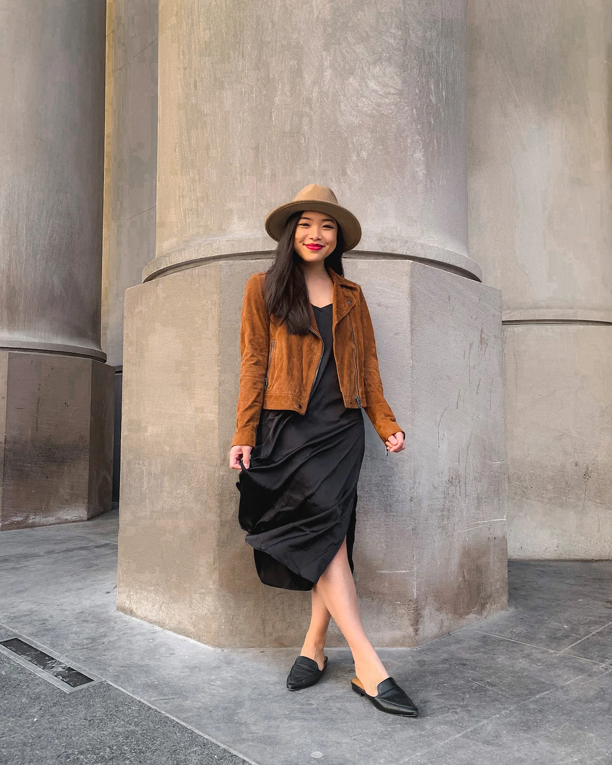 Fall outfit - The Drop slip dress and BLANKNYC suede moto jacket (Toronto Union Station)