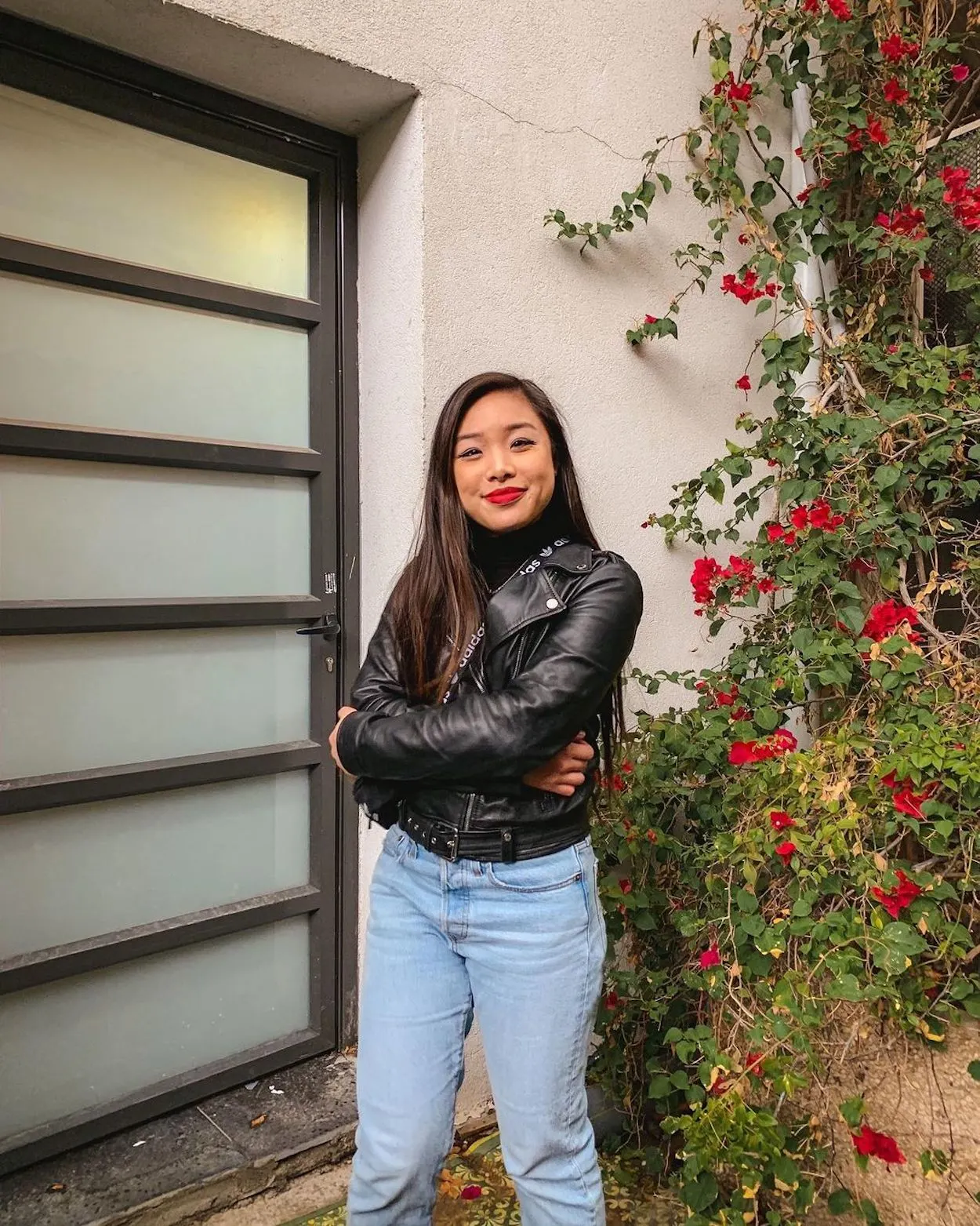 Fall outfit - M Boutique black turtleneck, Rudsak leather jacket, Levi's wedgie jeans