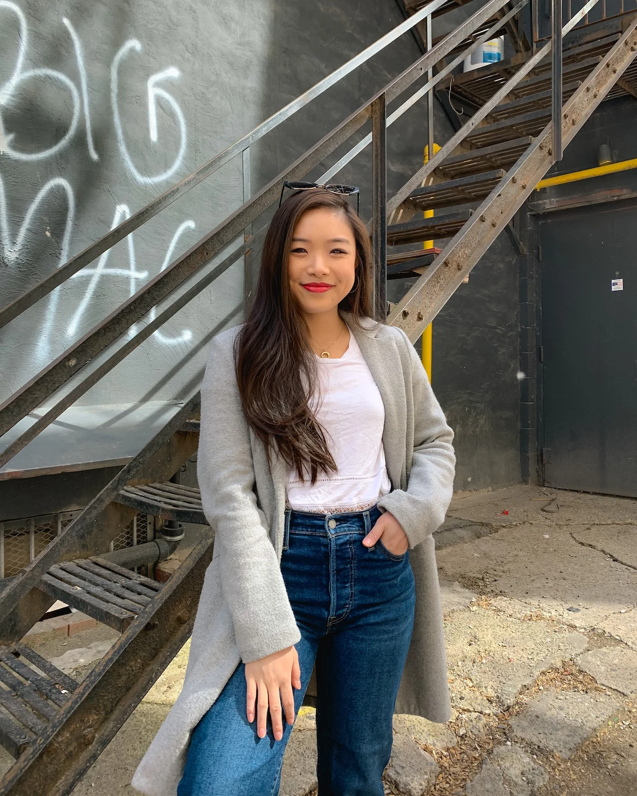 Spring outfit - grey Zara coat, white Aritzia tee, Levi's ribcage denim