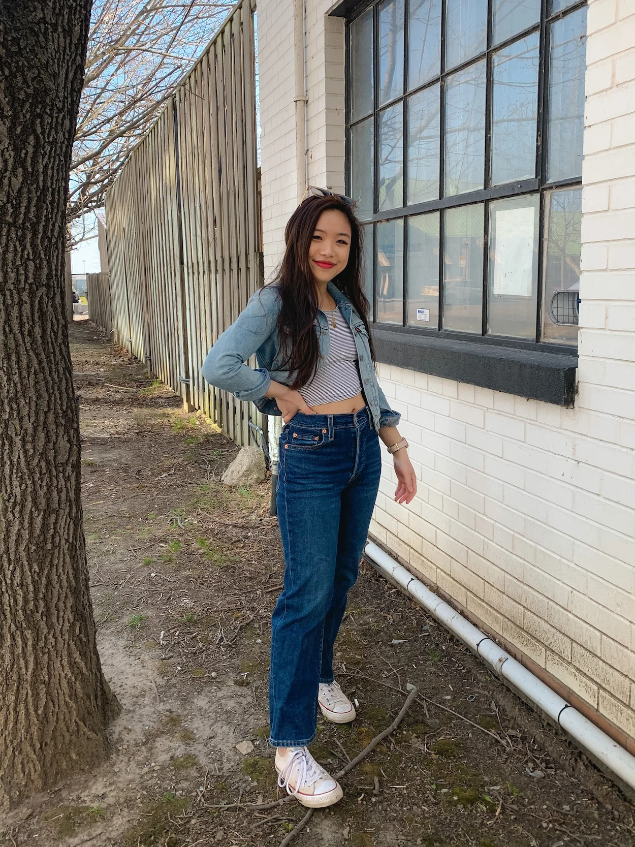 Spring outfit - Brandy Melville Canada striped t-shirt, Levi's cropped denim jacket, Levi's ribcage jeans