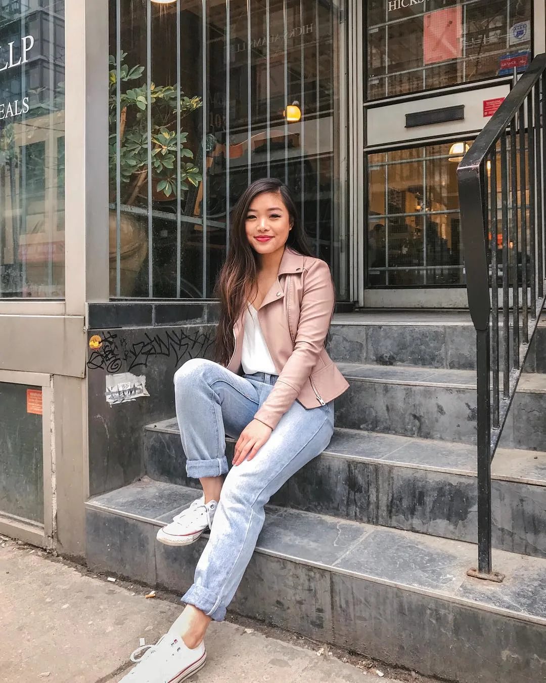 Spring capsule wardrobe outfit - Ever New pink leather moto jacket, Aritzia white camisole, Minkpink blue high waisted jeans, Converse white Chuck Taylor sneakers