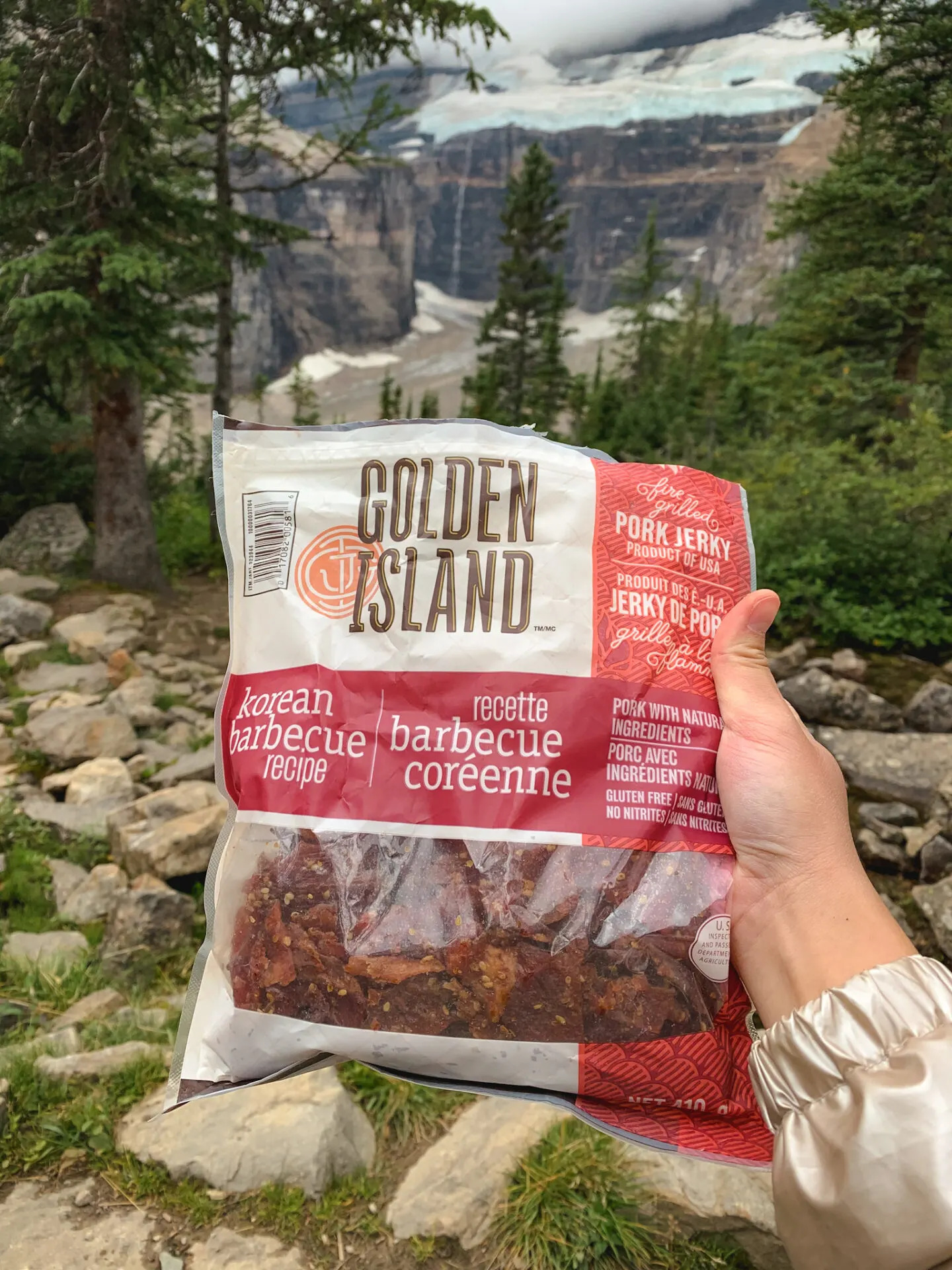 Golden Island pork jerky at the Plain of the Six Glaciers hiking trail in Lake Louise, Alberta