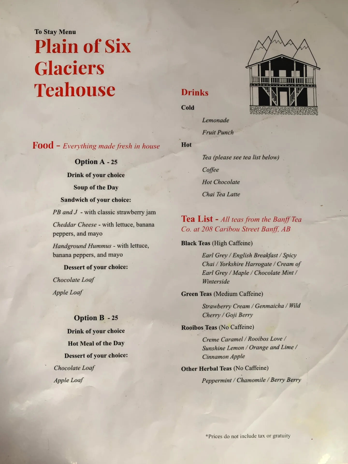 Menu at the Plain of the Six Glaciers Teahouse in Lake Louise, Alberta