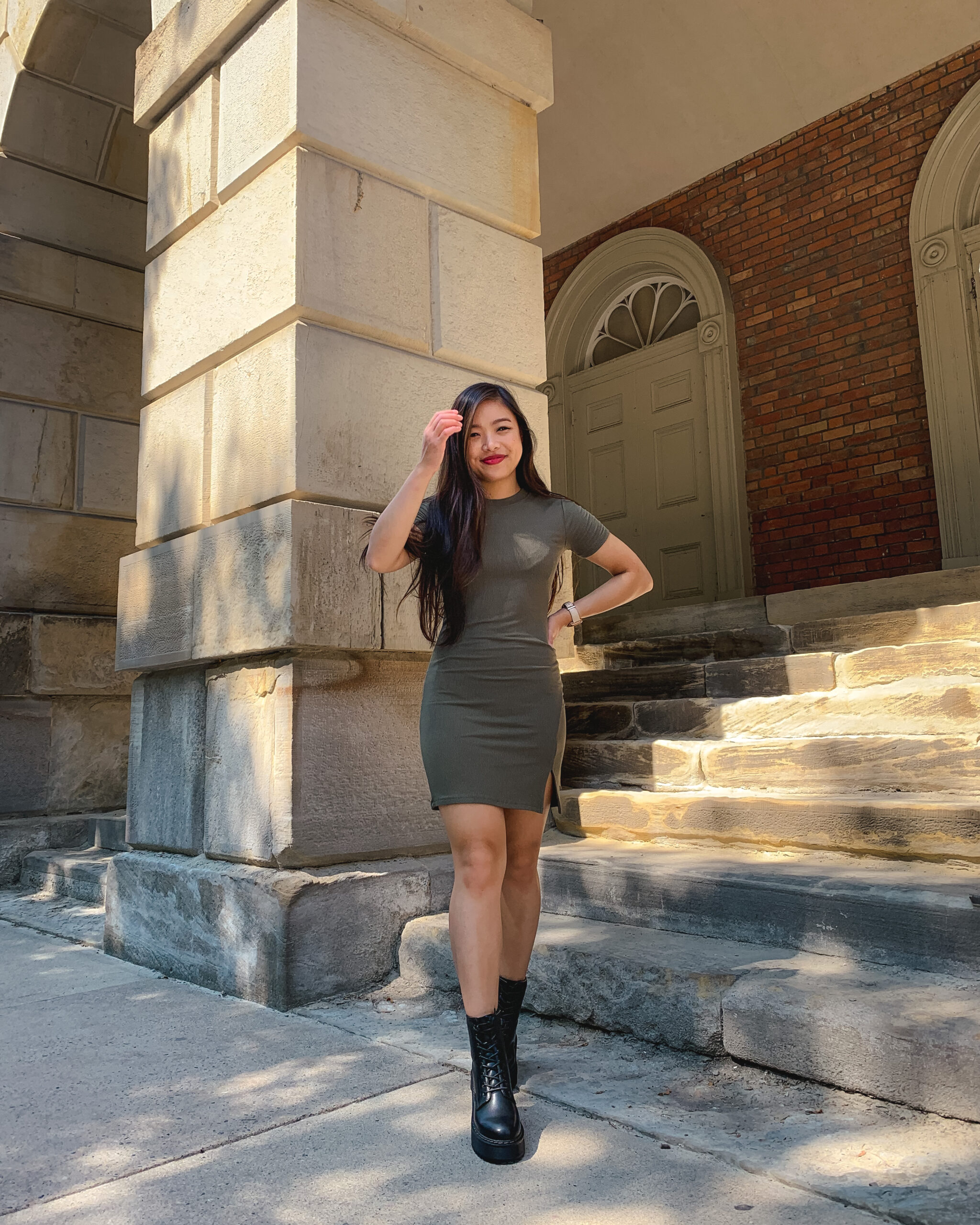 Nordstrom BP. front slit ribbed t-shirt dress with Steve Madden Betty lace-up combat boots | Osgoode Hall in Toronto