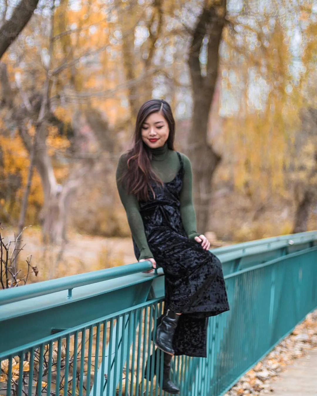 Main Street Unionville in Markham, Ontario | Fall outfit featuring Frank and Oak velour jumpsuit with Guess dark green turtleneck and Michael Kors black booties