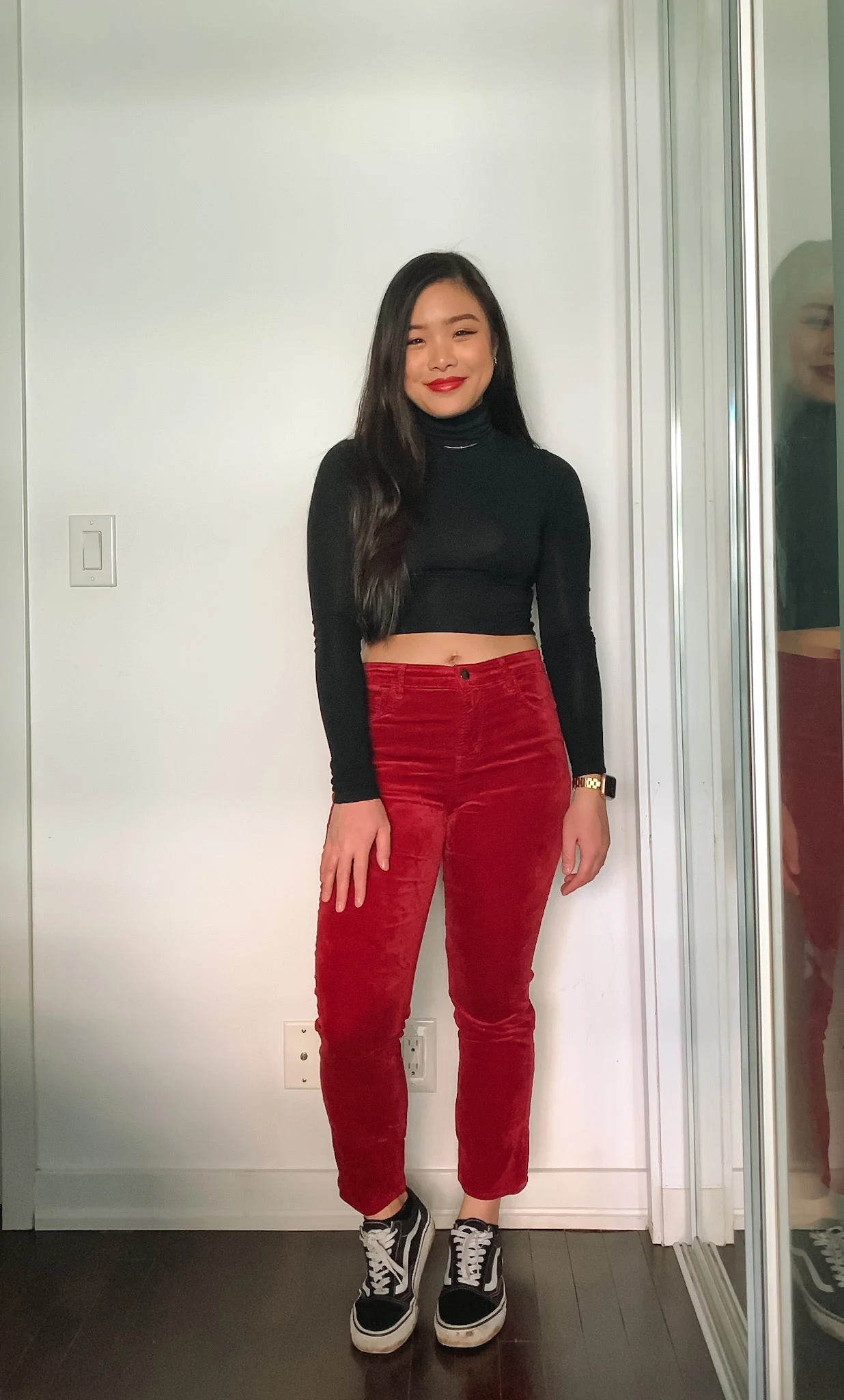 Lunar New Year & Chinese New Year outfit ideas | Aritzia black cropped turtleneck + J Brand corduroy red pants + black Vans Old Skool sneakers