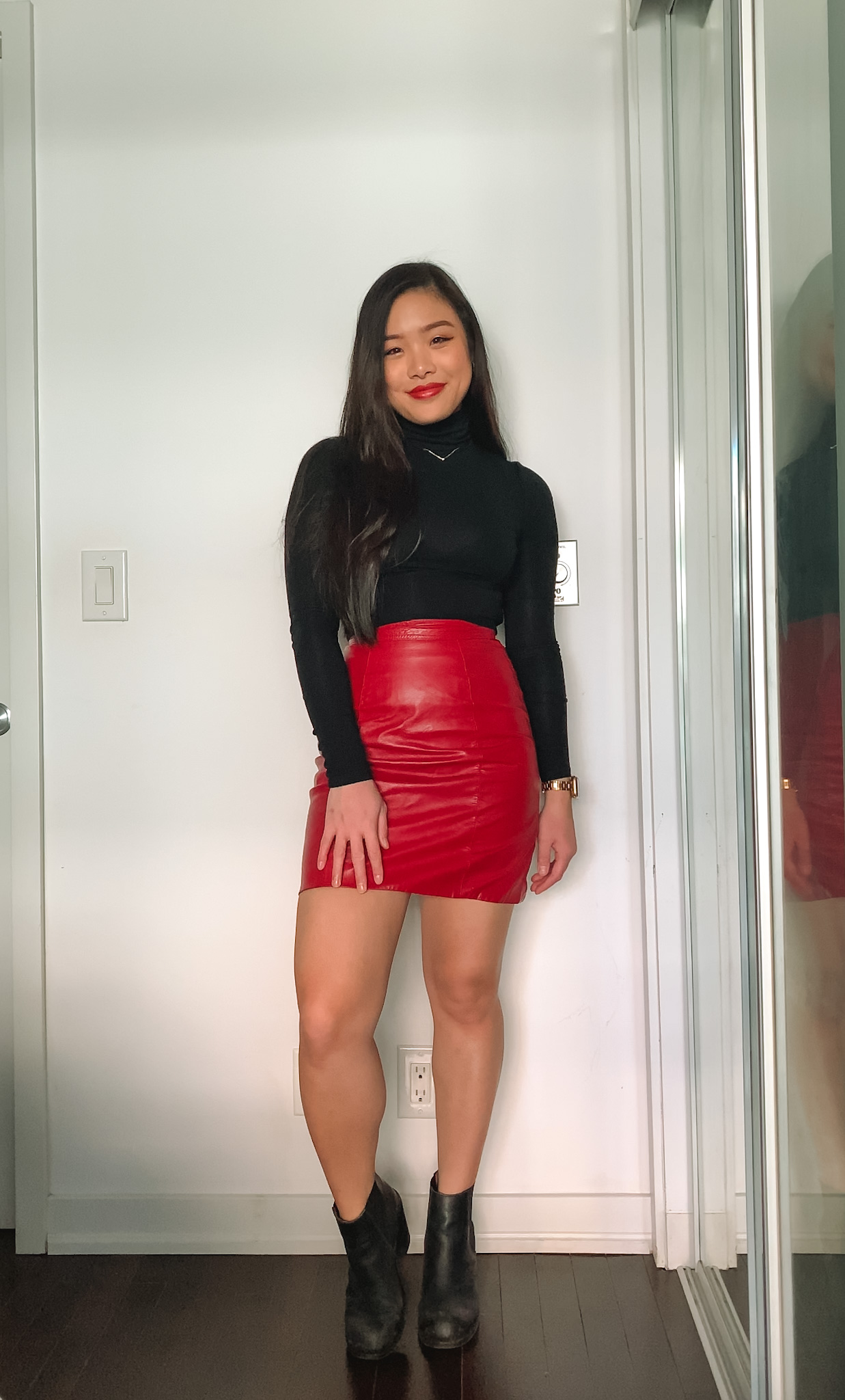 Lunar New Year & Chinese New Year outfit ideas | Aritzia cropped black turtleneck + red leather skirt + Jeffrey Campbell booties