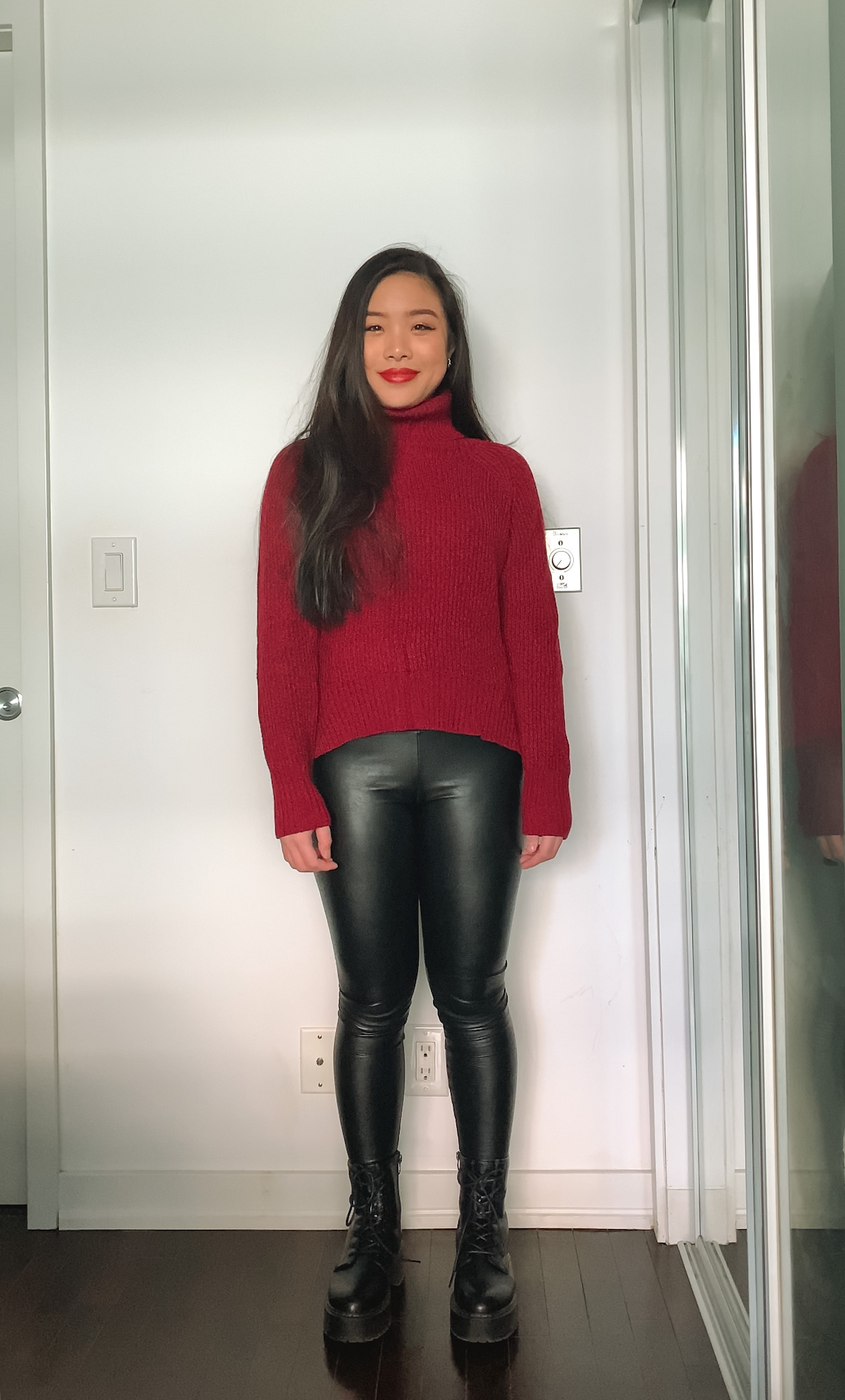 Lunar New Year & Chinese New Year outfit ideas | Aritzia oversized burgundy turtleneck + leather leggings + Steve Madden combat boots