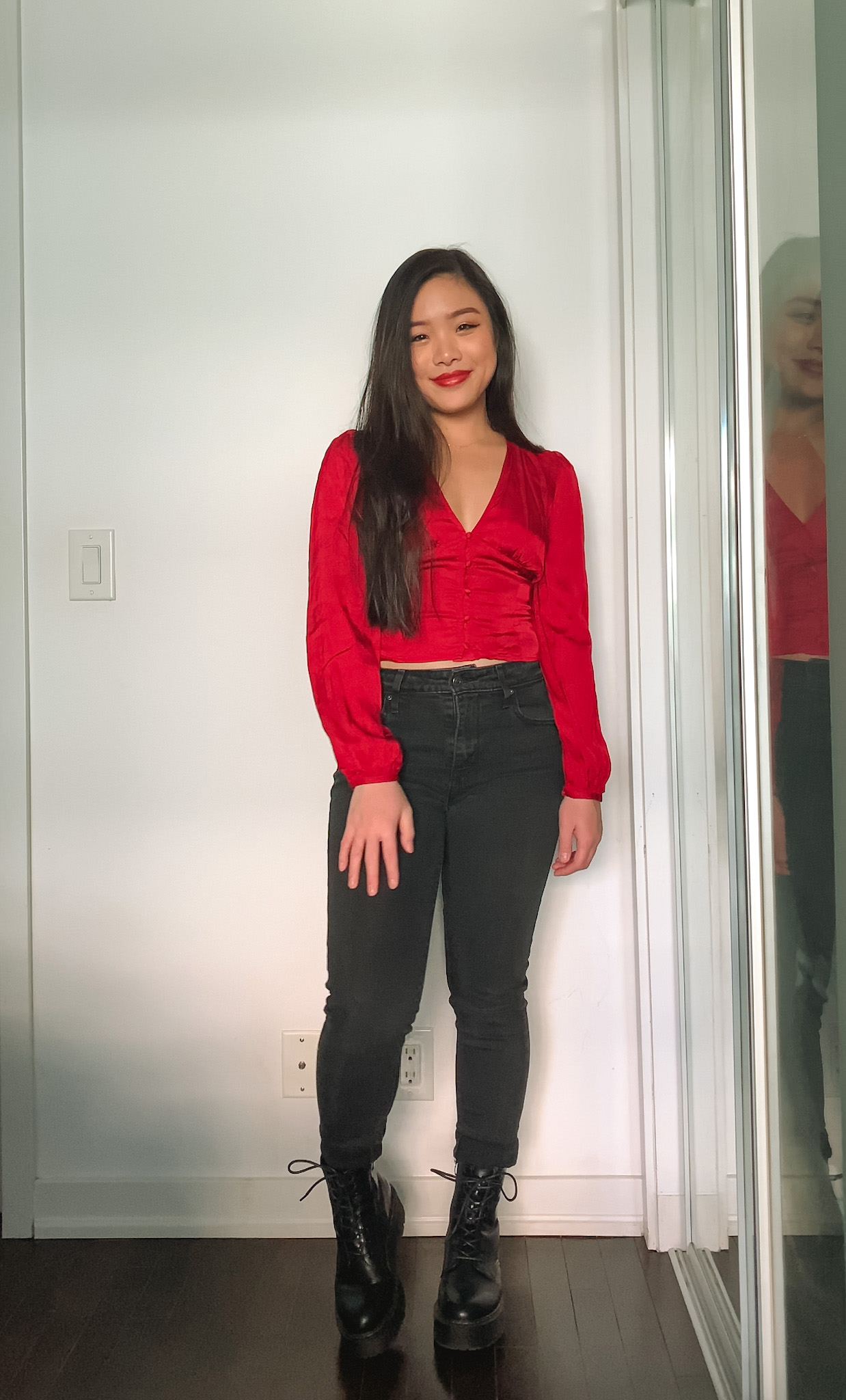 Lunar New Year & Chinese New Year outfit ideas | Aritzia red blouse + Levi's black denim + Steve Madden combat boots