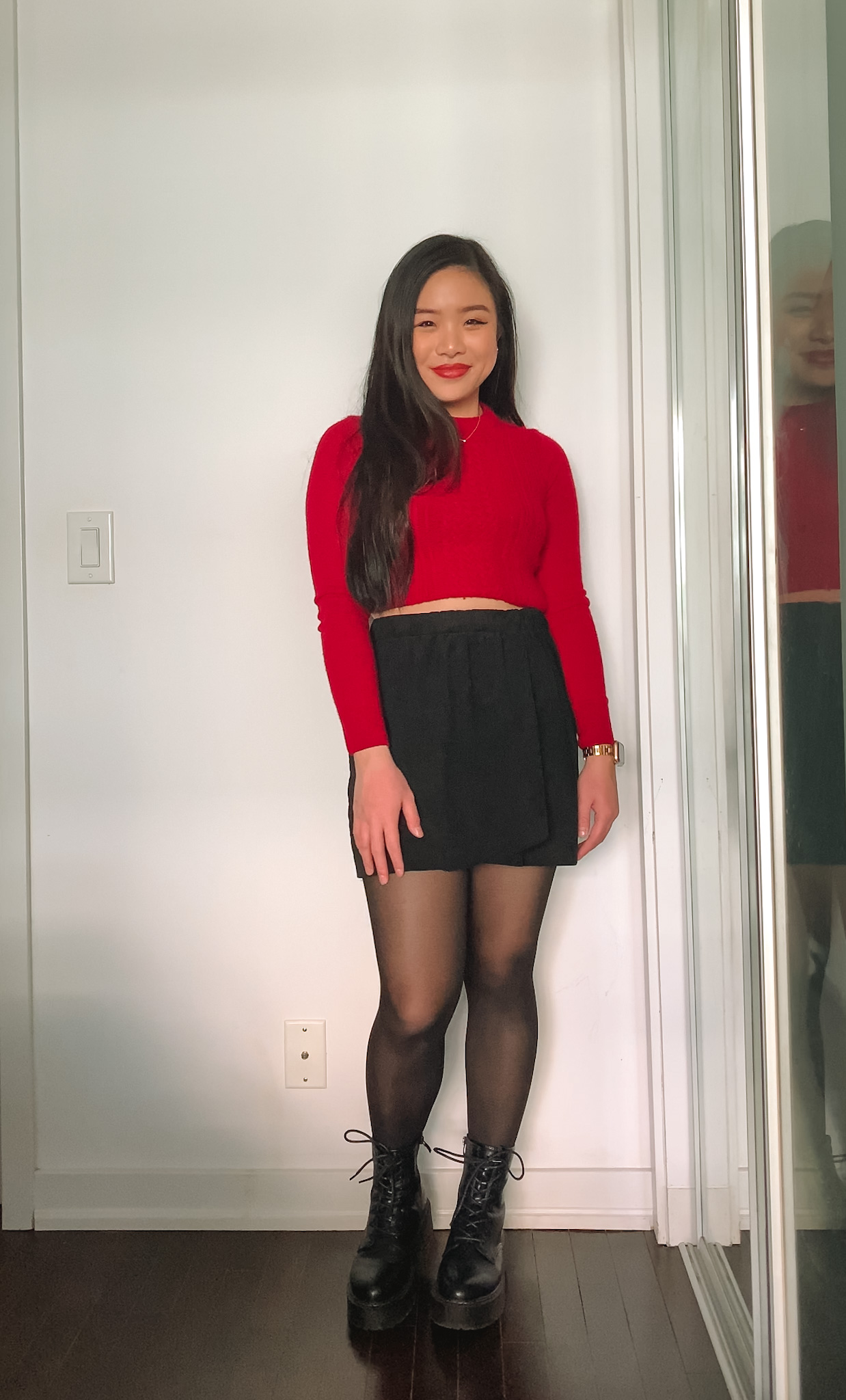 Lunar New Year & Chinese New Year outfit ideas | Aritzia red knit sweater + black suede miniskirt + Sheertex tights + Steve Madden combat boots