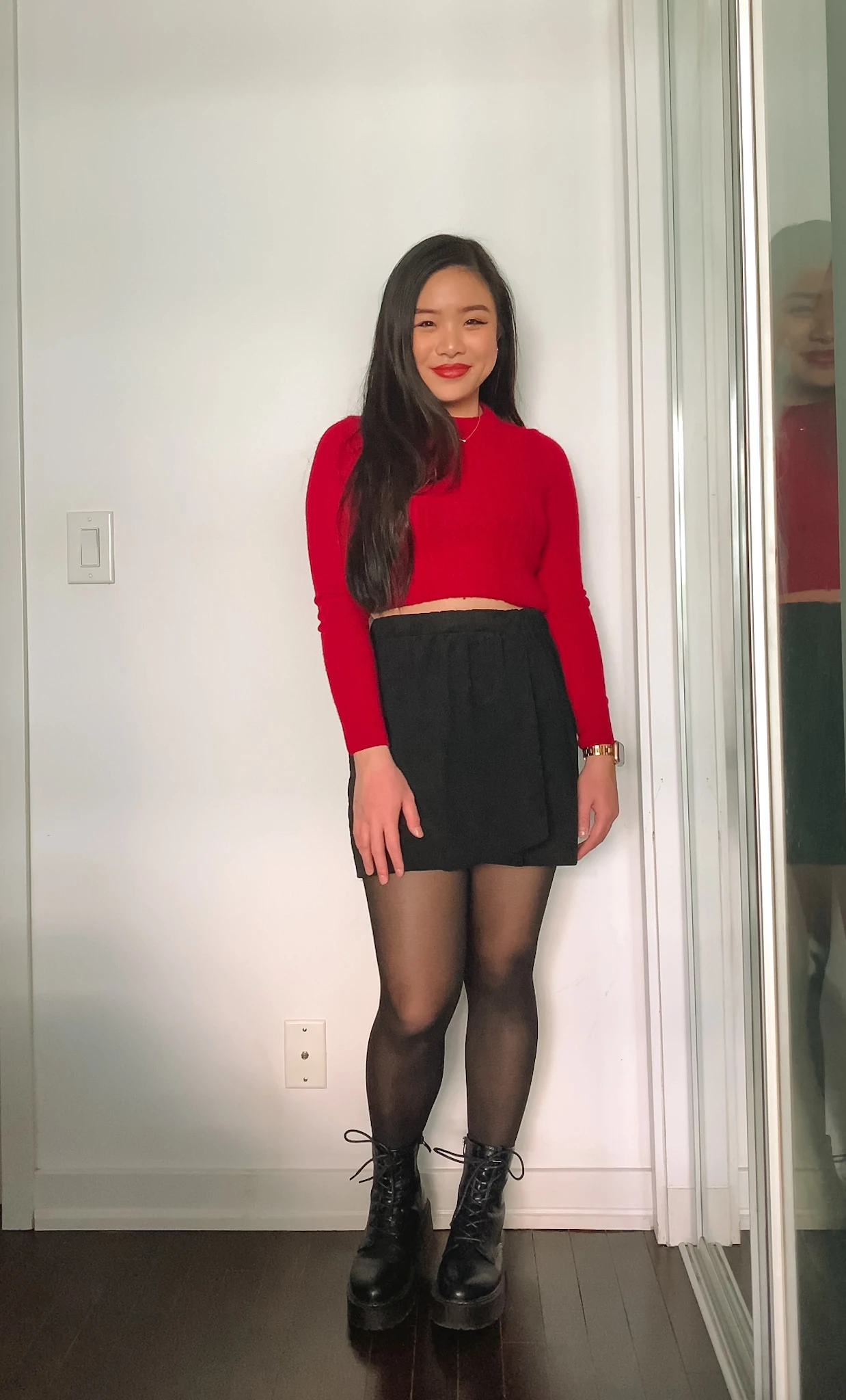 Lunar New Year & Chinese New Year outfit ideas | Aritzia red knit sweater + black suede miniskirt + Sheertex tights + Steve Madden combat boots