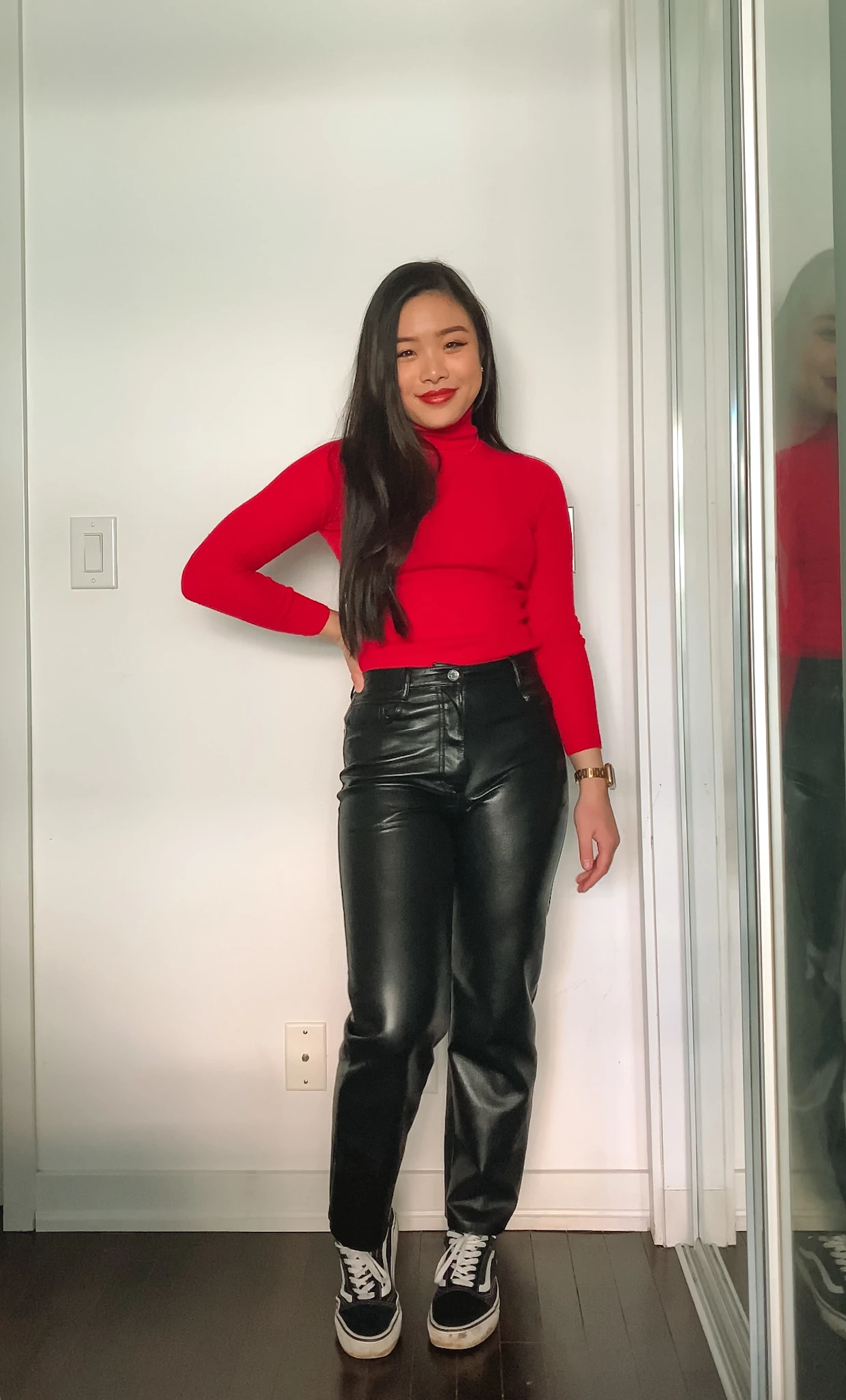 Lunar New Year & Chinese New Year outfit ideas | UNIQLO red turtleneck + Aritzia Melina leather pants + black Vans Old Skool sneakers