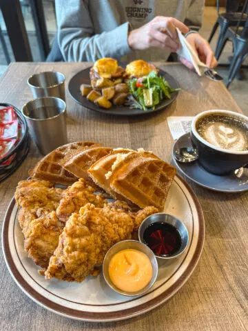 Chicken & Waffles and Smoked Duck Breast Eggs Benedict brunch from Chillax Coffee in Richmond Hill, Ontario