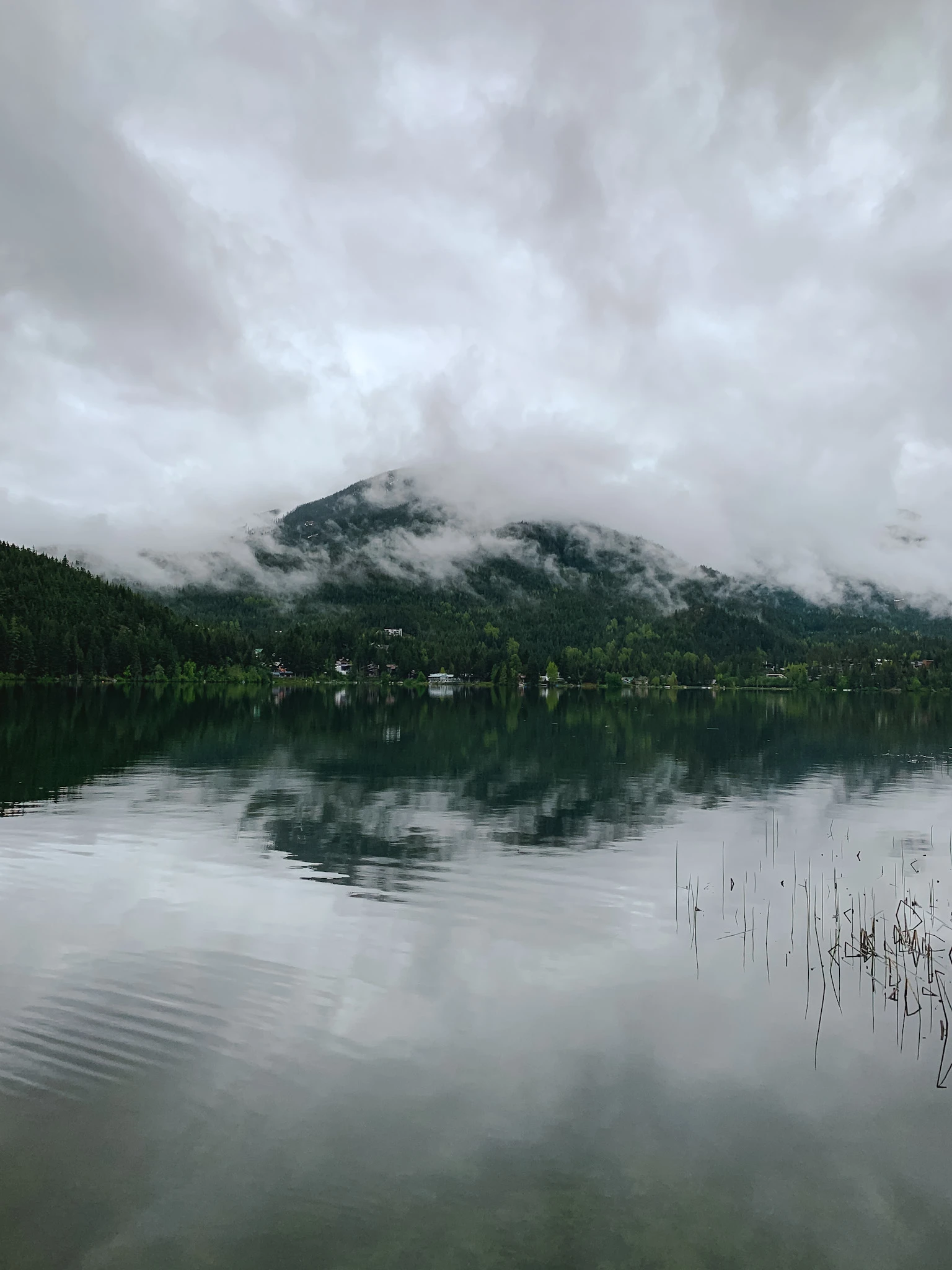 Gloomy view of Alta Lake from Rainbow Park in Whistler, British Columbia