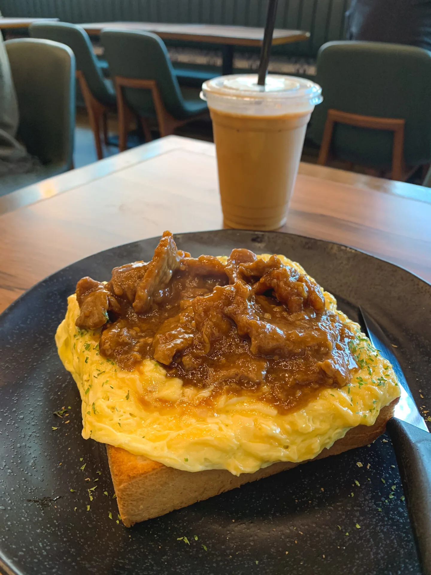 Toast with Satay Beef and Egg at Good Catch Bar & Café in Markham, Ontario