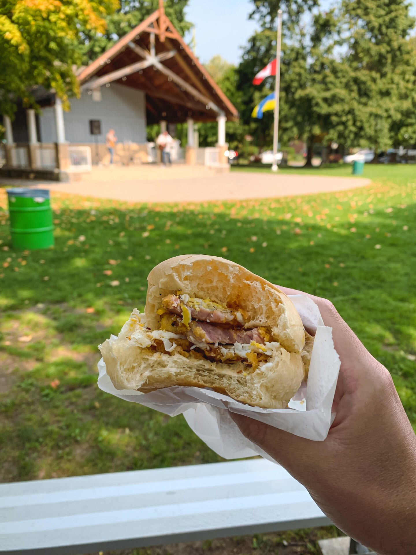 Peameal bacon sandwich from Aurora Farmers' Market in Aurora, Ontario