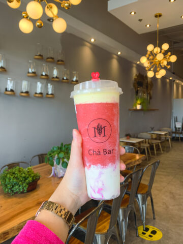 Strawberry Cheesecake Creme Brulee drink from M Cha Bar in Vaughan, Ontario