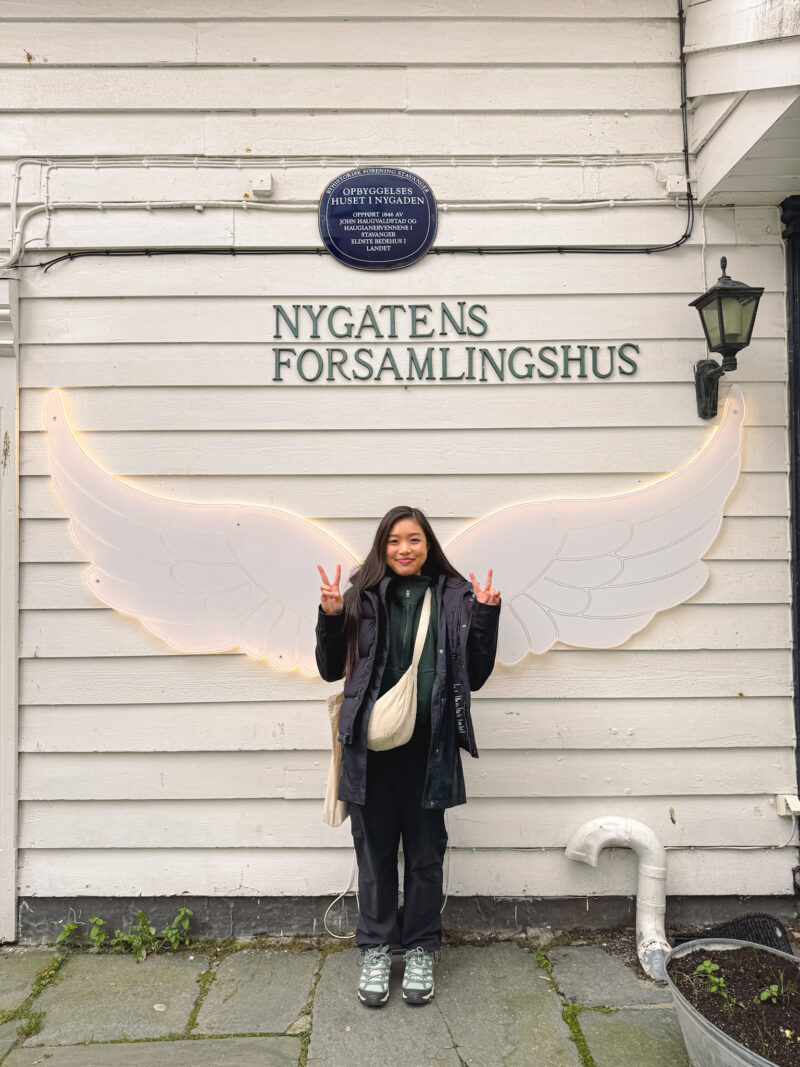Angel wings at Nygatens Forsamlingshus building in Stavanger, Norway